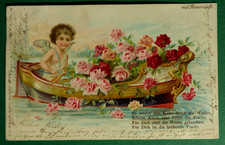 Künstler AK Amor im Boot voller Rosen Spruch gel. 1904 m. Rosenduft J.C. Schmidt