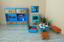 Puppenstubenmöbel Wohnzimmer Möbel für Puppenhaus Puppenstube Vero DDR blau Holz