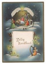 AK Weihnachten,  Jesus in Krippe, kleine Engel um ihn herum, Engel mit Harfe