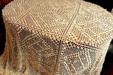 HANDGEHÄKELTER RIESIGER CREMEF ARTDECO BETTÜBERWURF ERHABENE PUNKTRAUTEN 305x260
