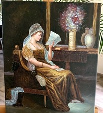 Ölgemälde Antike Dame mit Brief in Öl Leinwand handgemalt signiert 50x40