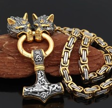 Königskette mit keltischen Wolfs-Köpfen + Anhänger / zweifarbig / Punk / Gothik