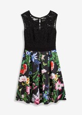 Kleid mit Spitzenoberteil Gr. 44/46 Schwarz Pink Gelb Floral Sommerkleid Neu*