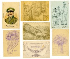 7 x handgezeichnete Feldpostkarten 1. und 2 Weltkrieg Soldat Grabenkunst Militär