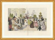 Vor dem österreichischen Pavillon Paris 1900 Cucuel Kostüme Holzstich C 2539