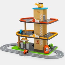 Parkhaus Parkgarage mit Spielstraße Tankstelle Holz 3x Holz-Auto Hubschrauber