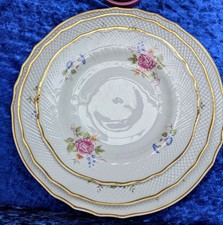 6 Speiseteller 26cm Hollohaza Classic Hajnalka Blumendekor Relief-Rand Goldrand