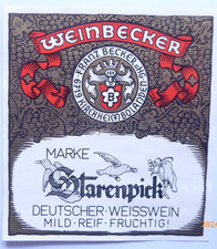 Etikett Label WEINBECKER Starenpick Deutscher Weisswein mild reif fruchtig 1965