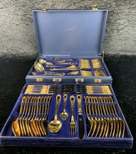 Besteck Kasten 12 Personen 23/24 Karat Hartvergoldet Prunkvoll Mit Kobalt Stein