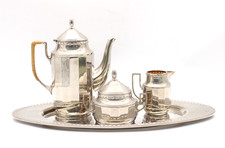 Kaffeeservice aus Metall Kaffeekanne Milch & Zuckerset Tablett Jugendstil alt