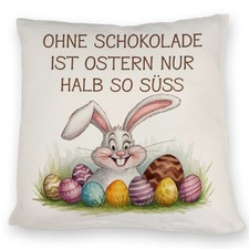 Fröhlicher Hase mit Ostereiern Kissen - Ostern ohne Schokolade halb so süß