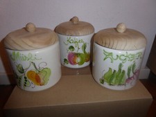 3 Keramiktöpfe mit Holzdeckel   Müsli - Kaffee - Zucker