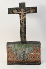 C25U71- Tischkreuz mit Fegefeuer Malerei u Herz Jesu Metall Appliken