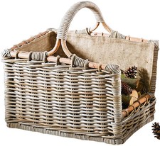 Holztrage Holzkorb Kaminholzkorb - Rattan - grau - mit abnehmbarem Jutestoff