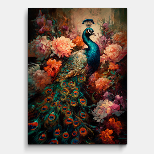 Leinwandbild pfau blumen - pfau,