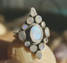 Handarbeit Mondstein 54 57 59 Weiß Blau Silberring Verspielt Vintage Silber Ring