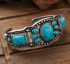 BOHEMIAN ARMREIF INDIANERSCHMUCK SILBERFARBEN TÜRKIS HARZ STEIN ARMBAND ANTIK