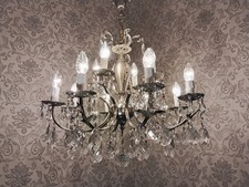 antik 12 Fl Kronleuchter Deckenlampe Lüster Bronze Silber Kristall Barock  1920