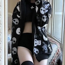 Gothic Kapuzenjacke Damen Pulli Hood schwarz emo totenkopf herbst casual trend J