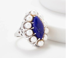 QVC, Marquise Lapis & Zuchtperlen Edelstein Ring, Größe 9 Sterlingsilber