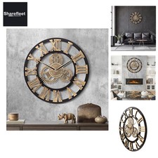 Holz Wanduhr Groß Industrial Gold, Lautlos Wanduhr Vintage 60cm XXL, Zahnrad ...