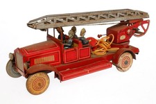 Distler 3800 Feuerwehr Drehleiter 4 Mann Uhrwerk Litho Blechspielzeug 43 cm 30er