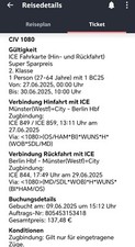 Bahnfahrkarte DB Super-Sparpreis-Ticket Münster-Berlin-Münster 27.-29.6.