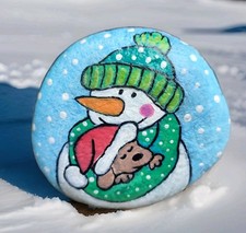Bemalter Stein ⛄ Schneemann mit Hund ? Handbemalt ca8×7cm