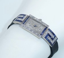 Art-Deco Damen Platin Armbanduhr mit Diamanten&Saphir