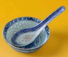 Reiskorn Porzellan Schale Schüssel Löffel Reis Suppe Drache blau gold Set TOP