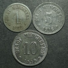 NOTGELD: 1, 5 & 10 Pfennig 1918, Zink. Funck 346.1, 2 & 3. MÜNCHBERG / BAYERN