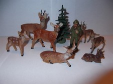 DDR Spielzeug - Masse Waldtiere, Förster / Jäger, Rehgruppe + Baum, 9 teilig.