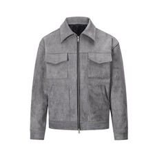 Herren Grau Wildleder 100% Echt Weich Lederjacke Reißverschluss Luxus Vier-Ta...