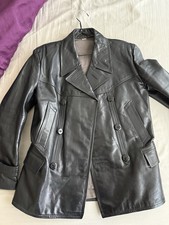 unisex black genuine leather double-breasted peacoat jacket