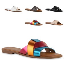 Damen Pantoletten Sandalen Basic Leder-Optik Freizeit Schuhe 841729 Trendy Neu