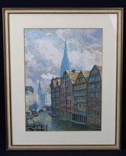 Malerei Gemälde Kirche Signiert Aquarell Hamburg Deichstrasse Fleet