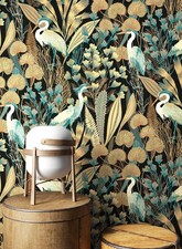 Tapete Vliestapete Schwarz Dschungel Vogel Palmenblätter Mustertapete Tiere