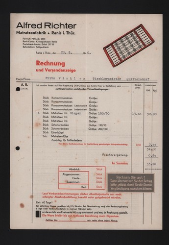 Ranis rechnung 1940 - rechnung, alfred