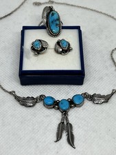 Yazzie INDIANERSCHMUCK Navajo Sterling Silber Kette mit Türkise 2 Ohrringe, Ring