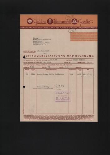 Berlin rechnung 1937 - rechnung, goldina