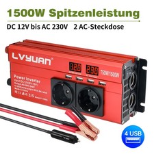 1500W Peak Spannungswandler 12V auf 230V Inverter Wechselrichter mit 4USB Rot