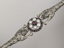 Vintage 925 Silber Armband Tiger mit Markasit, Saphir, Rubin, Smaragd und Perlen