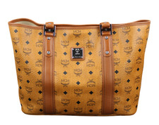 MCM Tasche Shopper Handtasche cognac braun silber schwarz Logo Damen Medium