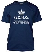 Lustiges blaues Herren-T-Shirt Regierung immer auf unsere Kunden hören GCHQ Aldrich