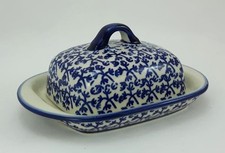 B-Ware Bunzlauer Keramik Butterdose klein, für 125g Butter, blau/weiß (M155-P364