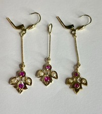 Gold Ohrringe + Anhänger 375 Gold mit kleinen Rubinen Und Saatperlen