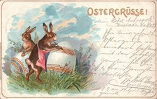 AK Ostergrüsse! Hasen bemalen Eier Osterhase, gel. 1899 (3005A19)