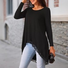 Damen Spitze Langarm Longshirts Blusehemd Freizeit Party Baggy Oberteile Longtop