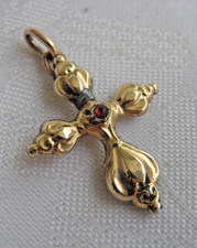 Antiker Biedermeier Kreuz Anhänger Schaumgold 585 & Granat um 1890, 4 x 2,5cm