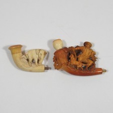 2x Uralte Meerschaumpfeife Elefant und Jäger mit Hund